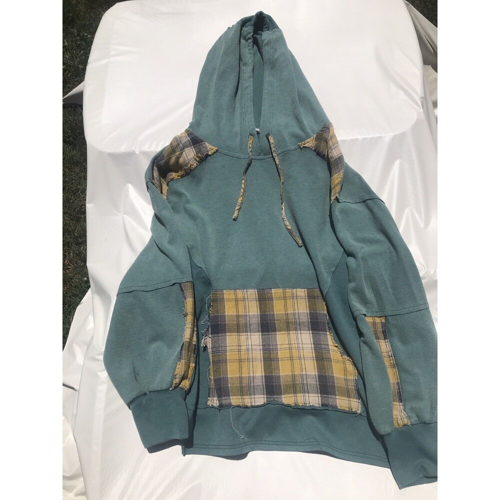 POL Boho Green Patchwork Plaid Long Sleeve Hooded Henley Pullover Sweatshirt Med